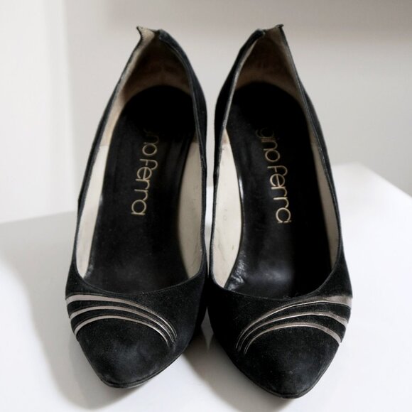 Vintage Gino Ferra Art Deco Black Suede Pumps - Women's Size 5 - Picture 2 of 8